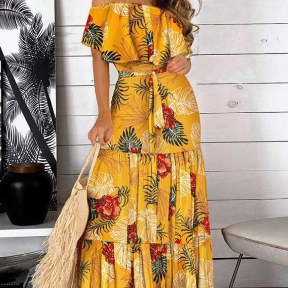 NEW YELLOW FLORAL RUFFLE OFF SHOULDER MAXI DRESS XL (RUNS SMALL SEE SIZING) - Picture 1 of 7